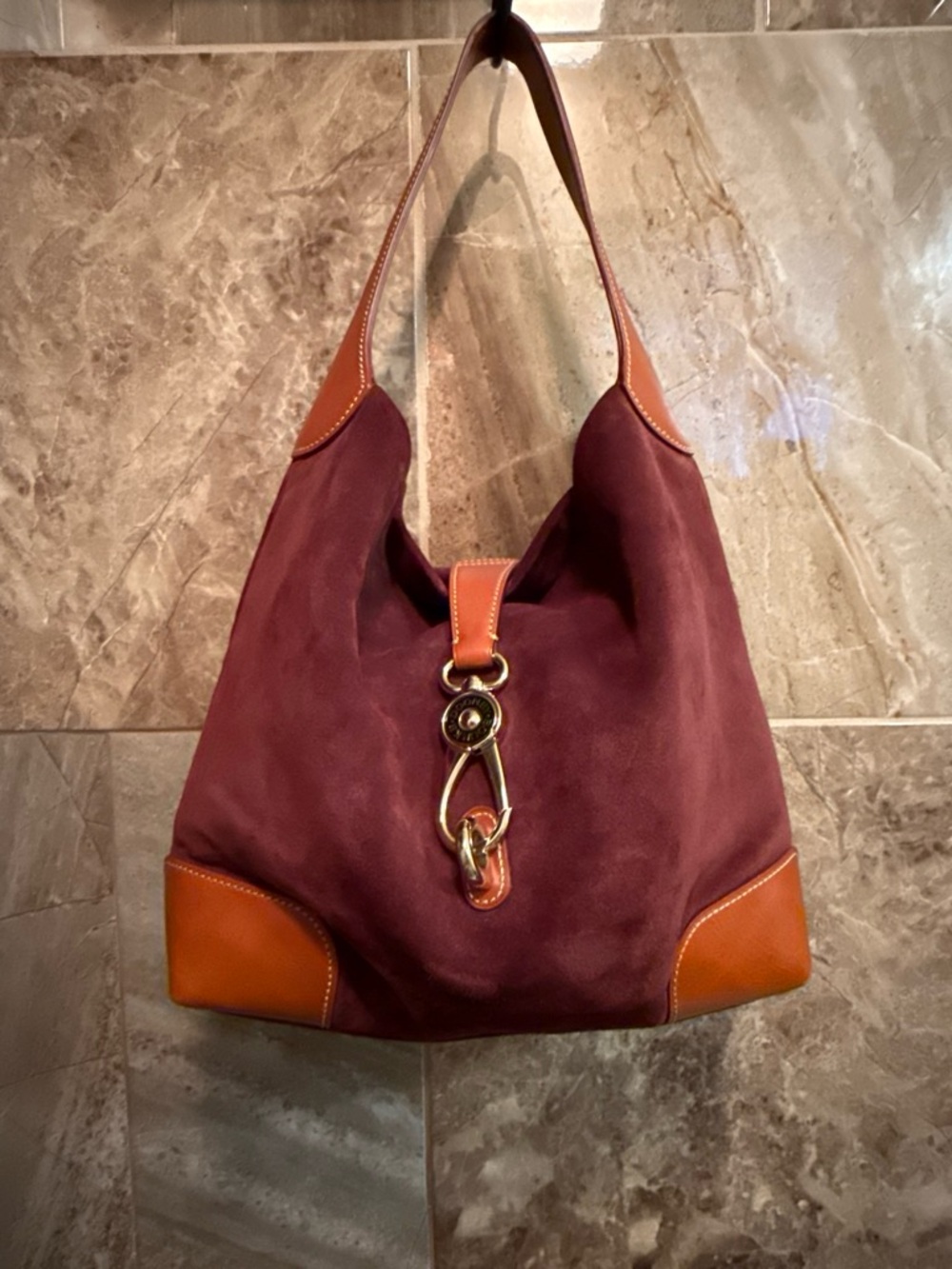 Dooney & Bourke Burgundy Suede Hobo with Tan Leather Trim